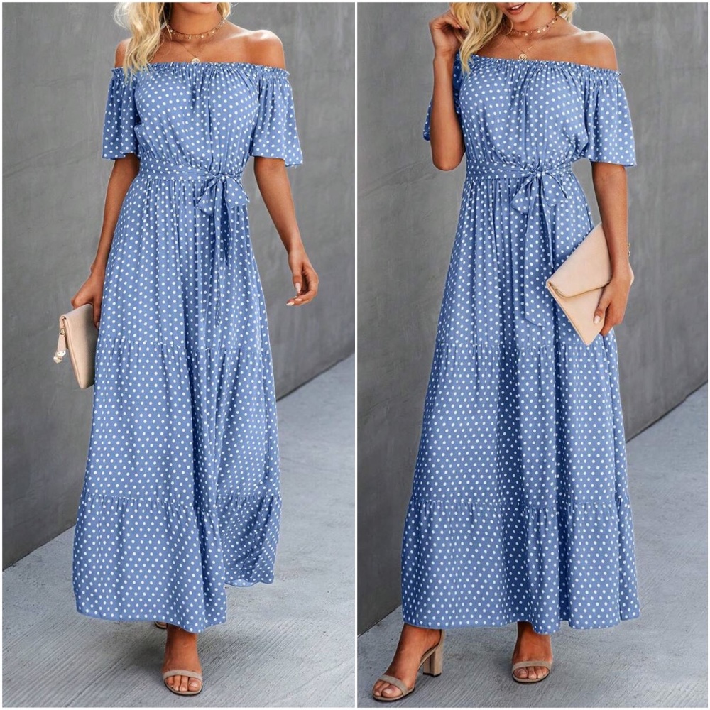 Off Shoulder Polka Dot Butterfly Sleeve Belted Maxi Dress - Picture 2 of 6